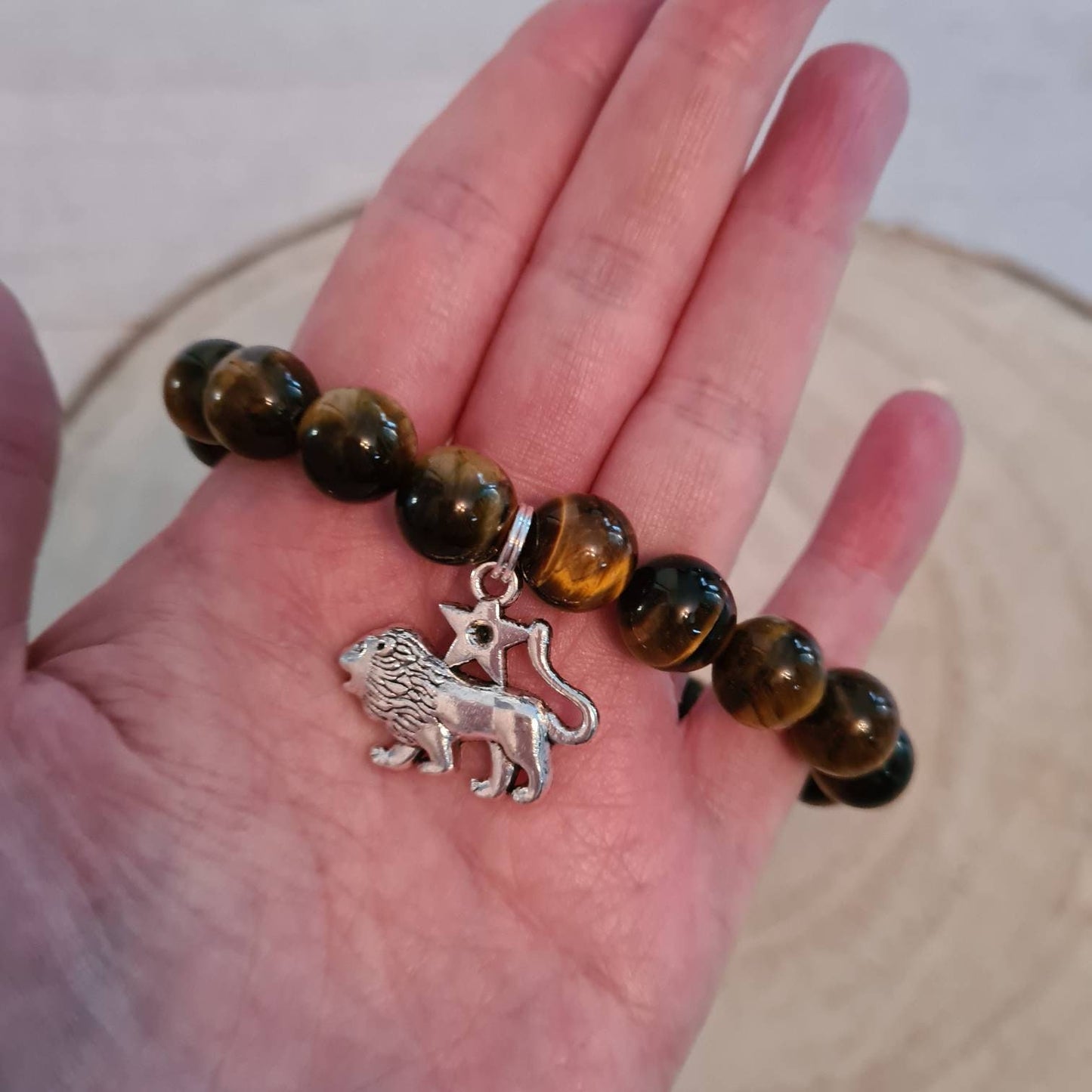 Tigers Eye Bead Bracelet with Leo zodiac charm