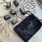 Set of 6 Black agate wiccan symbols in a black velvet bag
