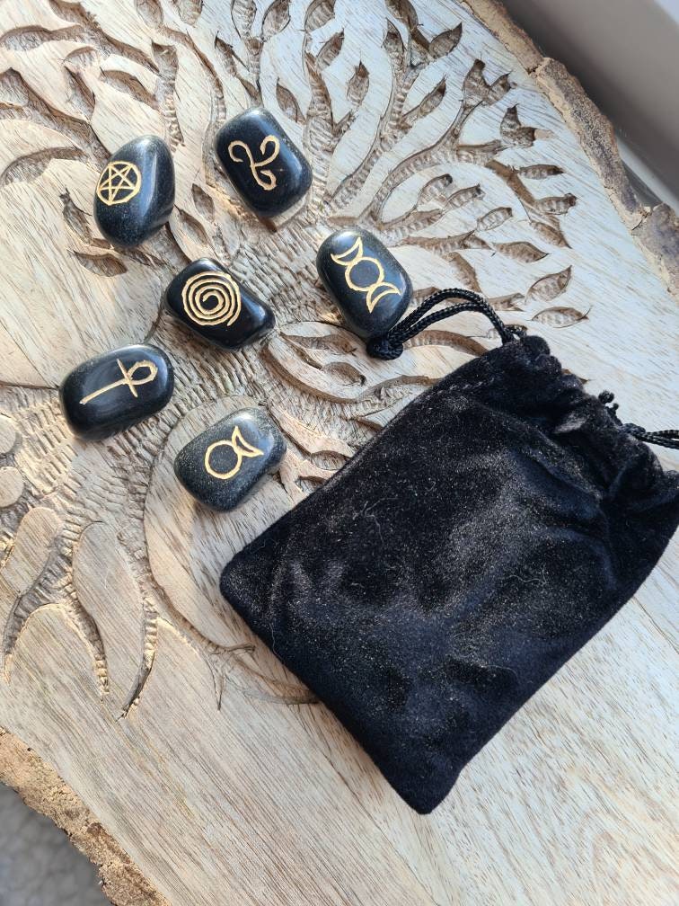 Set of 6 Black agate wiccan symbols in a black velvet bag