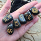 Set of 6 Black agate wiccan symbols in a black velvet bag