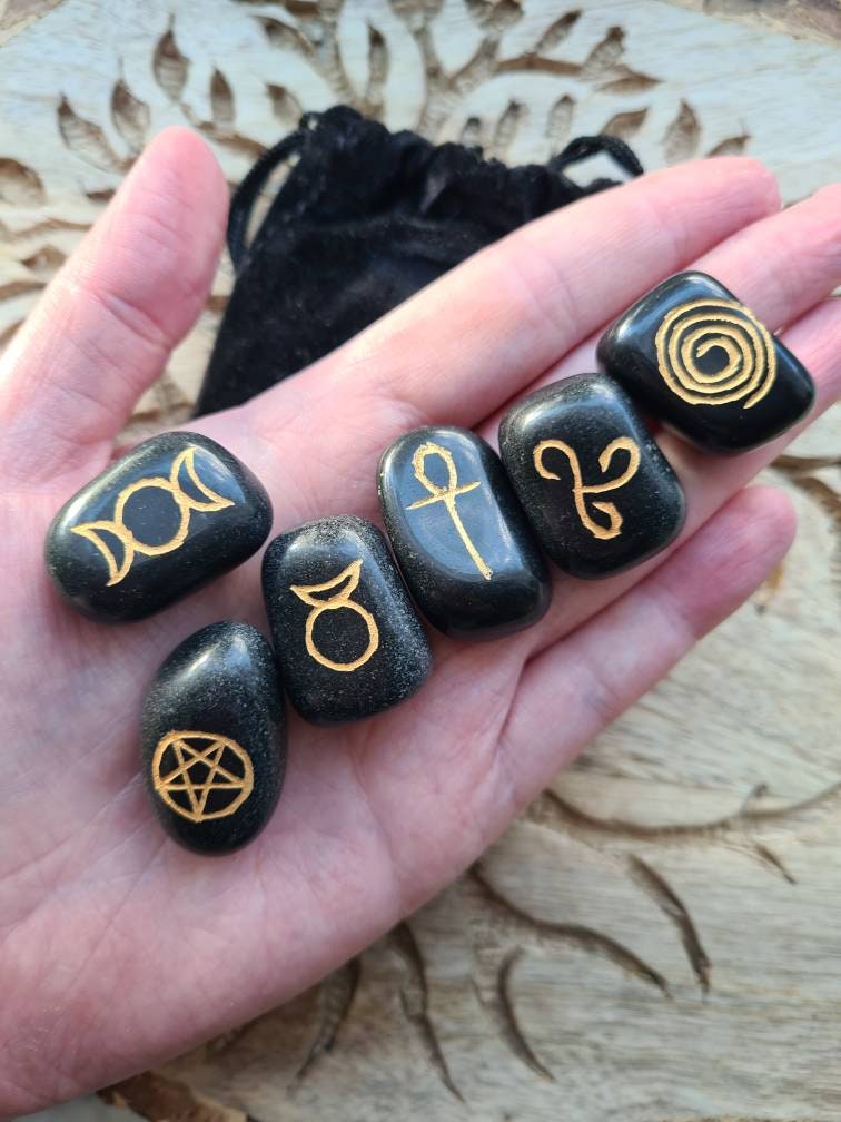 Set of 6 Black agate wiccan symbols in a black velvet bag