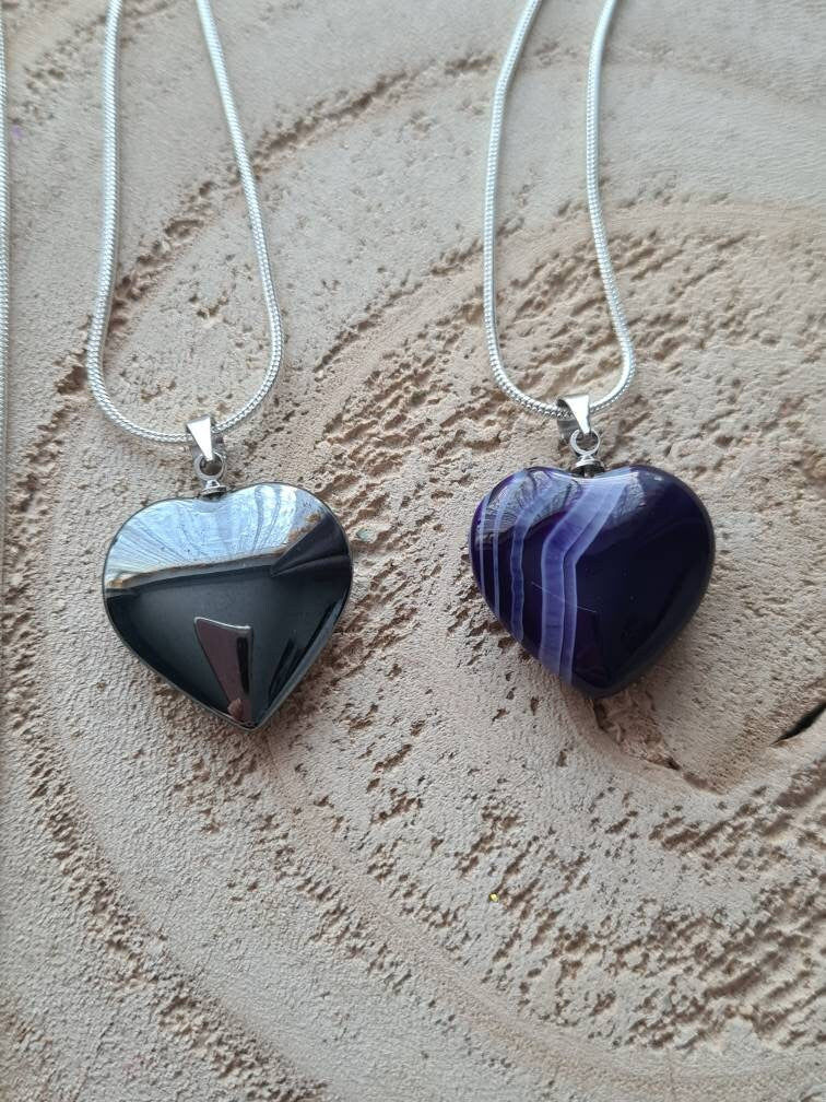 Hematite or Purple Banded Agate Heart Necklaces