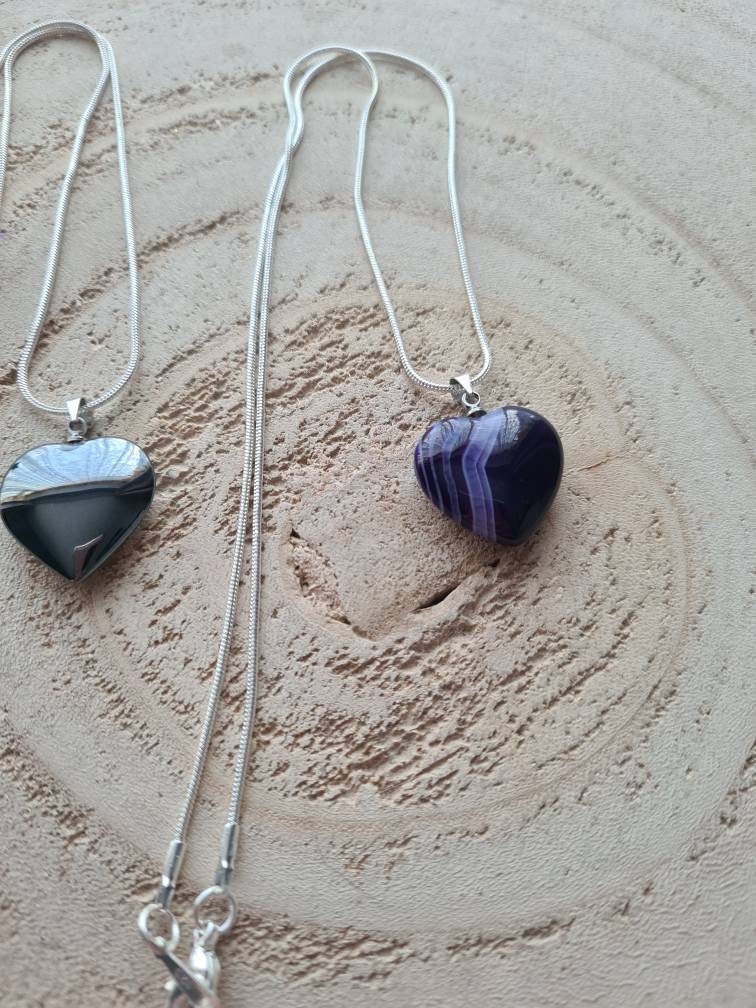 Hematite or Purple Banded Agate Heart Necklaces