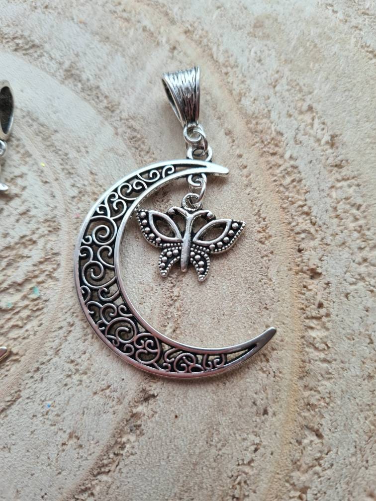 Filigree Moon Pendant with charm ~ Rabbit, Butterfly, Owl ~ Pagan, Wiccan