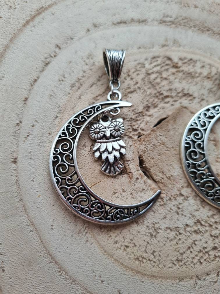 Filigree Moon Pendant with charm ~ Rabbit, Butterfly, Owl ~ Pagan, Wiccan