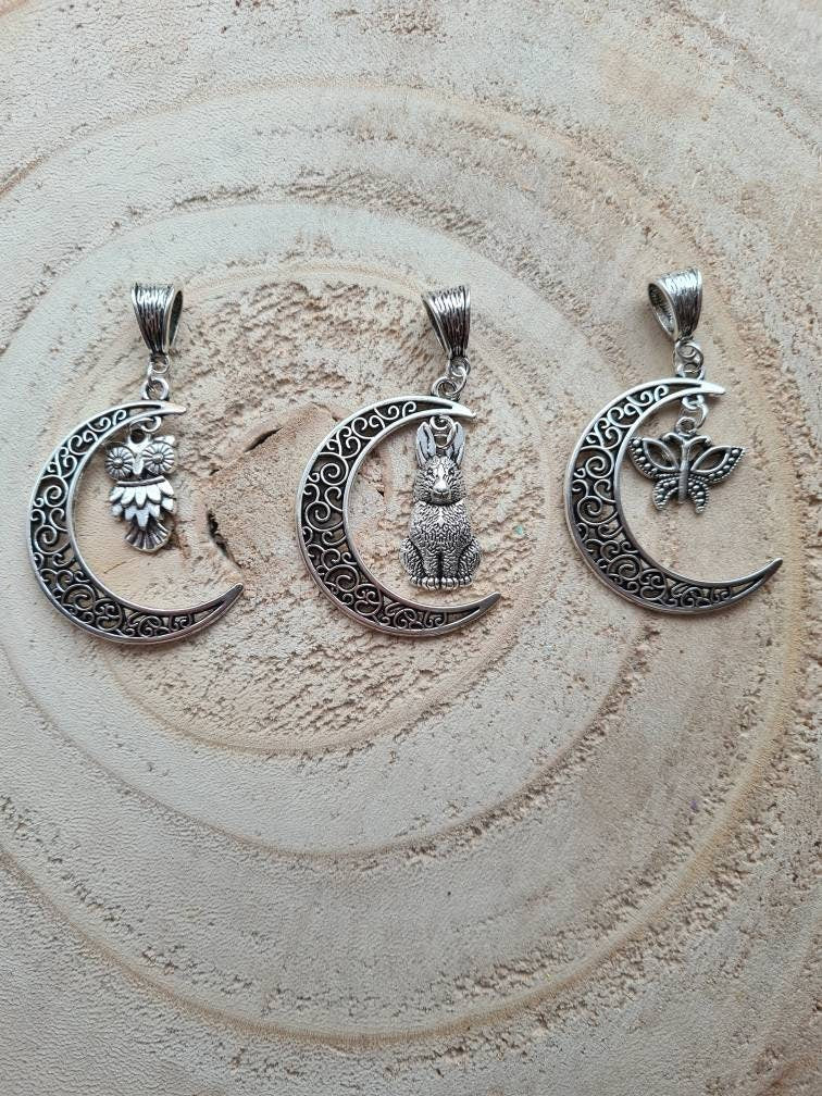 Filigree Moon Pendant with charm ~ Rabbit, Butterfly, Owl ~ Pagan, Wiccan