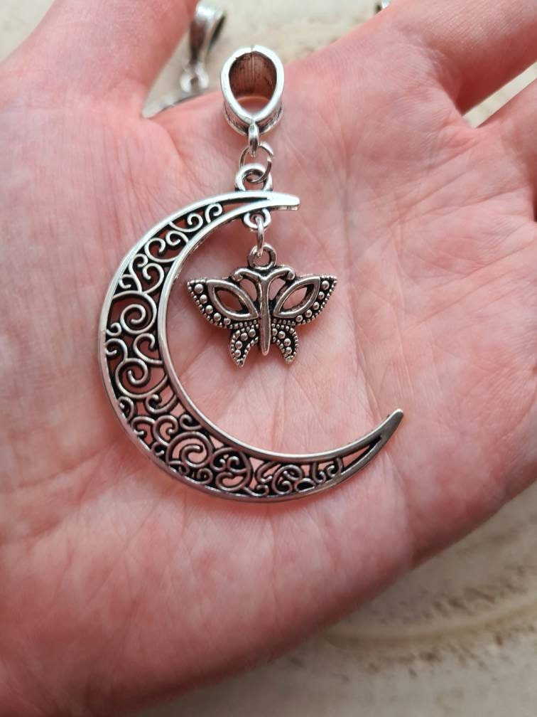 Filigree Moon Pendant with charm ~ Rabbit, Butterfly, Owl ~ Pagan, Wiccan