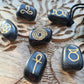 Set of 6 Black agate wiccan symbols in a black velvet bag