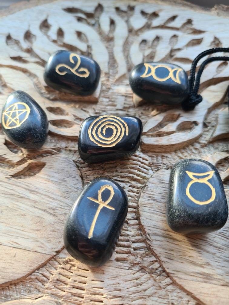 Set of 6 Black agate wiccan symbols in a black velvet bag