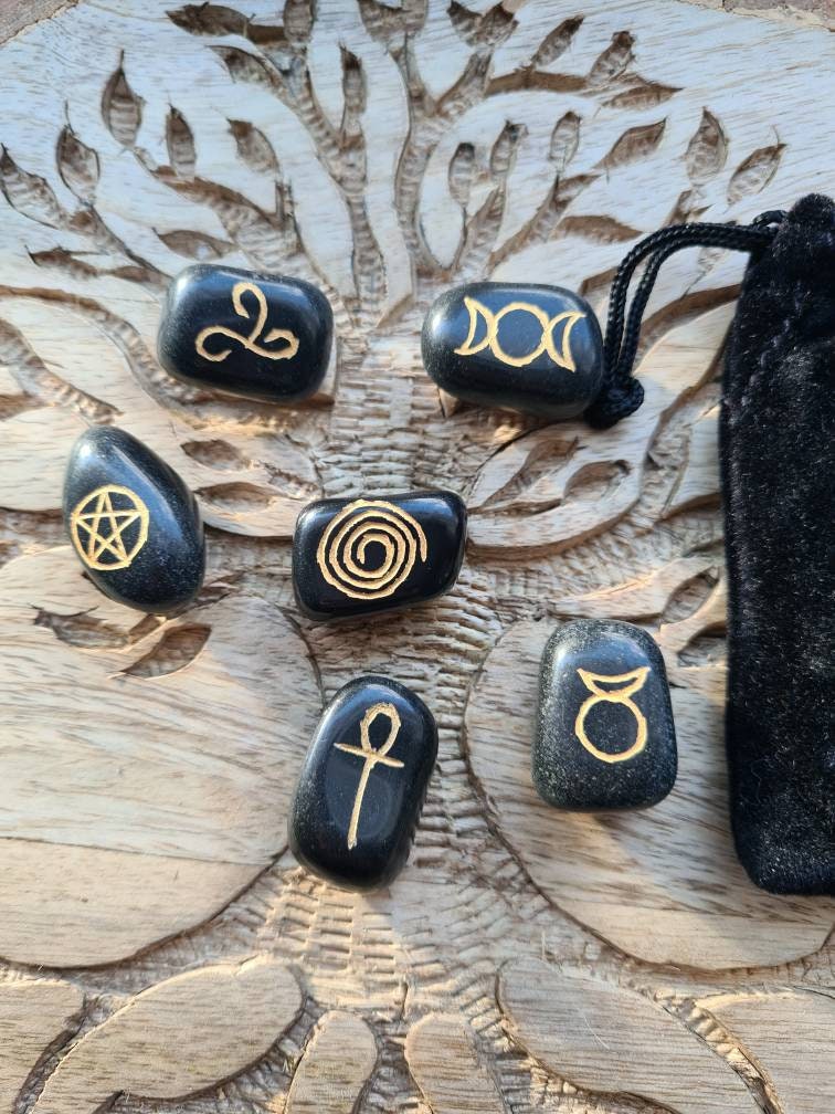 Set of 6 Black agate wiccan symbols in a black velvet bag