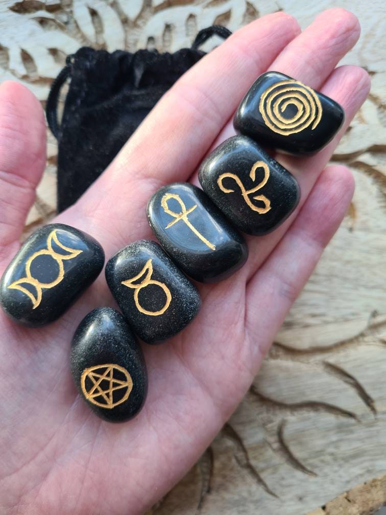 Set of 6 Black agate wiccan symbols in a black velvet bag