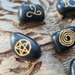 Set of 6 Black agate wiccan symbols in a black velvet bag