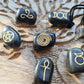 Set of 6 Black agate wiccan symbols in a black velvet bag
