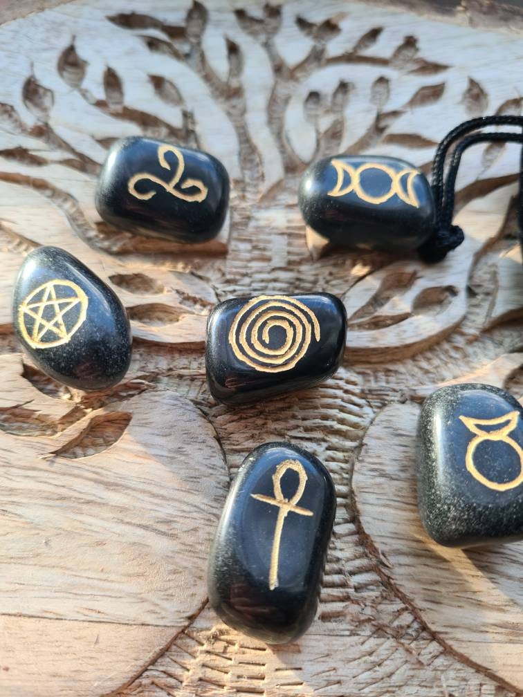 Set of 6 Black agate wiccan symbols in a black velvet bag