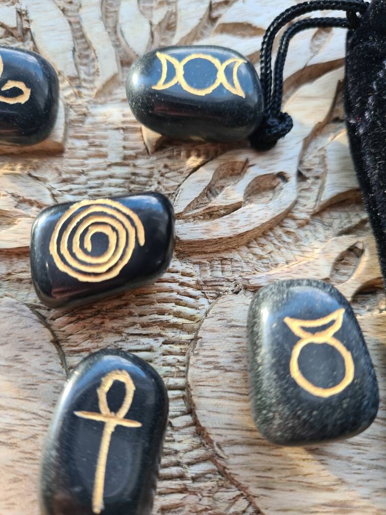 Set of 6 Black agate wiccan symbols in a black velvet bag