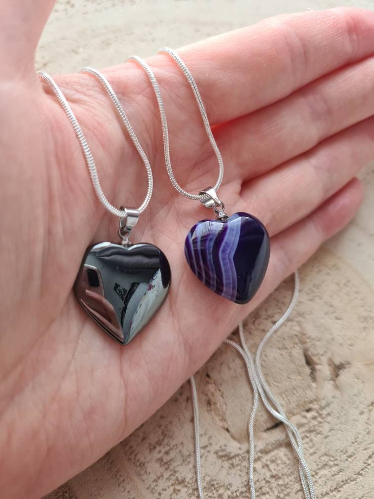 Hematite or Purple Banded Agate Heart Necklaces