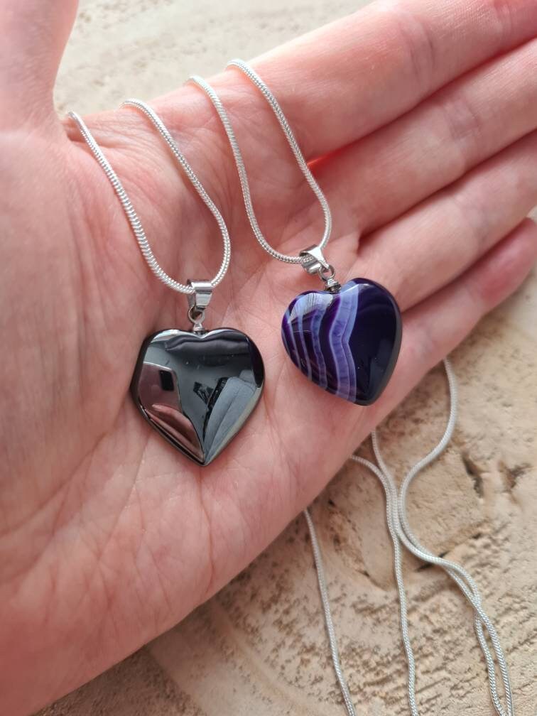 Hematite or Purple Banded Agate Heart Necklaces