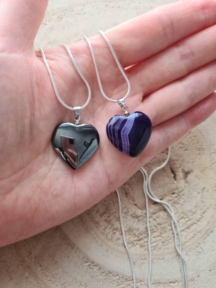 Hematite or Purple Banded Agate Heart Necklaces