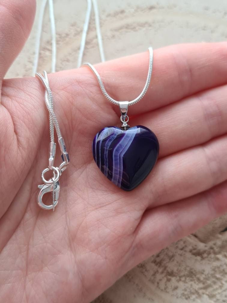 Hematite or Purple Banded Agate Heart Necklaces