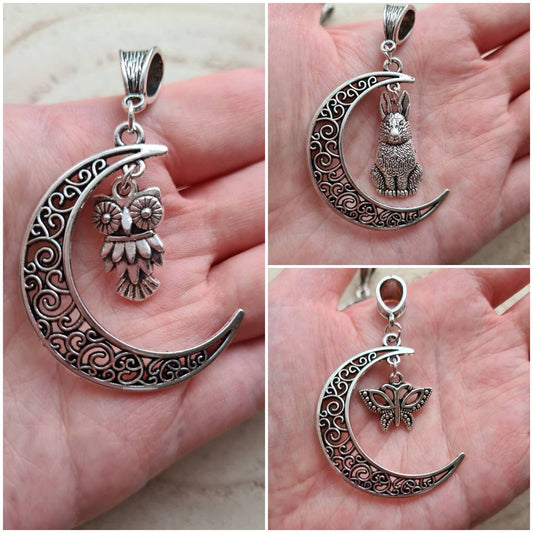 Filigree Moon Pendant with charm ~ Rabbit, Butterfly, Owl ~ Pagan, Wiccan