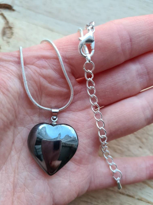 Hematite or Purple Banded Agate Heart Necklaces