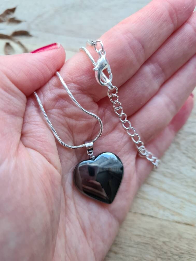 Hematite or Purple Banded Agate Heart Necklaces