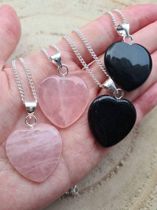 Rose quartz or Black Obsidian Heart Pendant