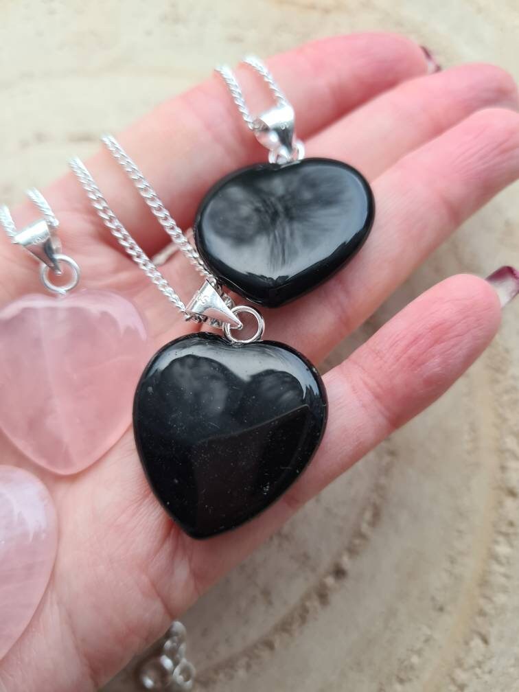 Rose quartz or Black Obsidian Heart Pendant