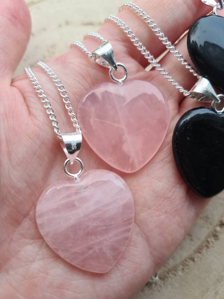 Rose quartz or Black Obsidian Heart Pendant