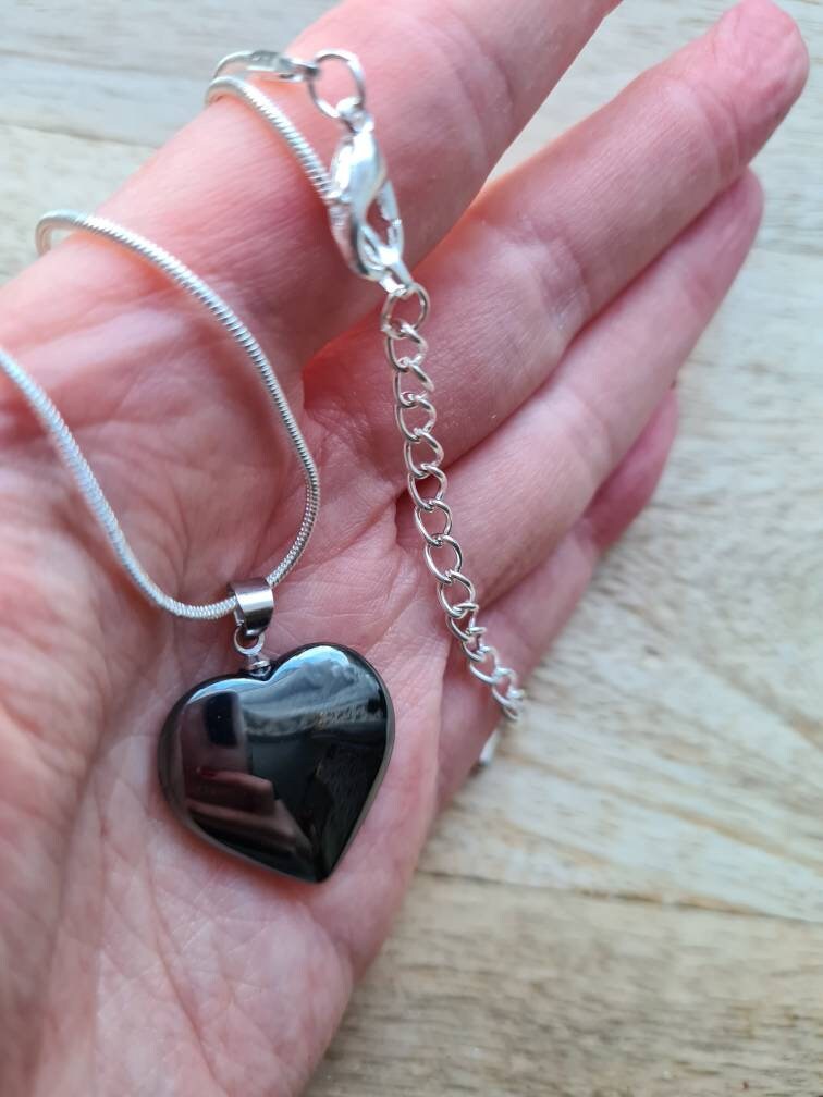 Hematite or Purple Banded Agate Heart Necklaces