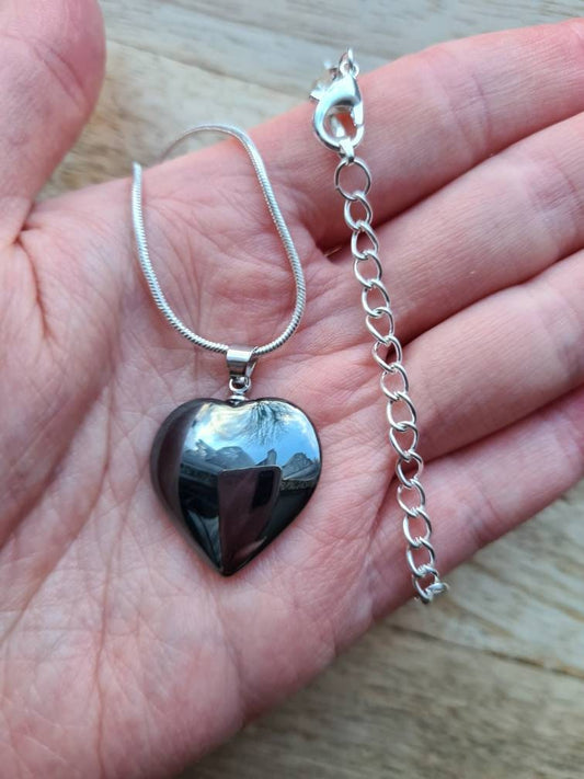 Hematite or Purple Banded Agate Heart Necklaces