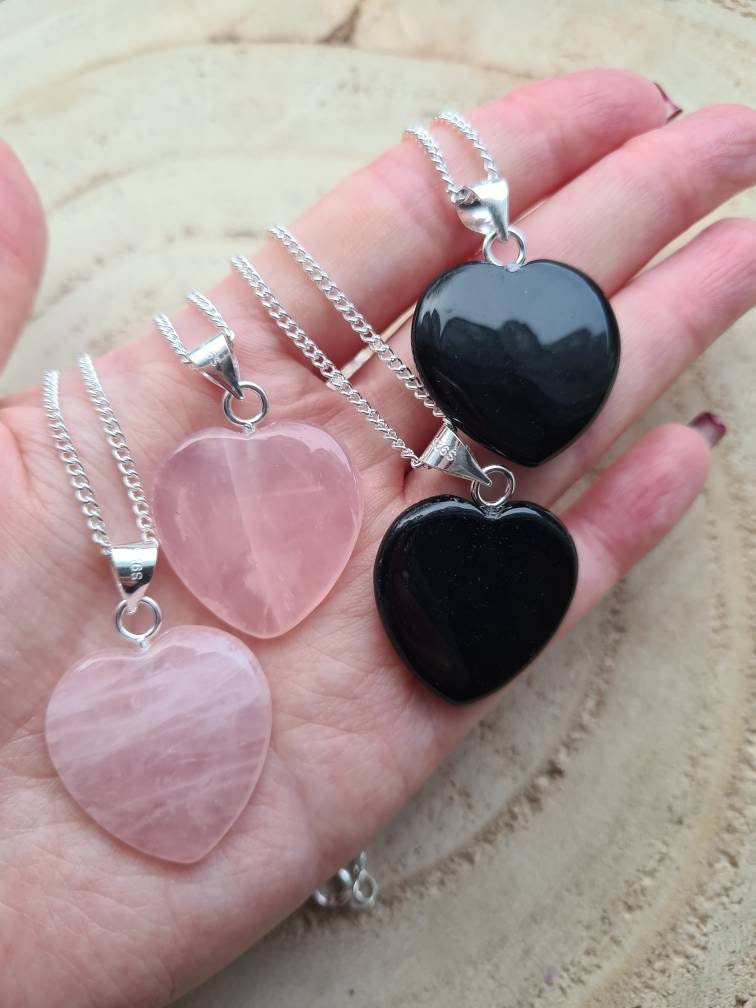 Rose quartz or Black Obsidian Heart Pendant