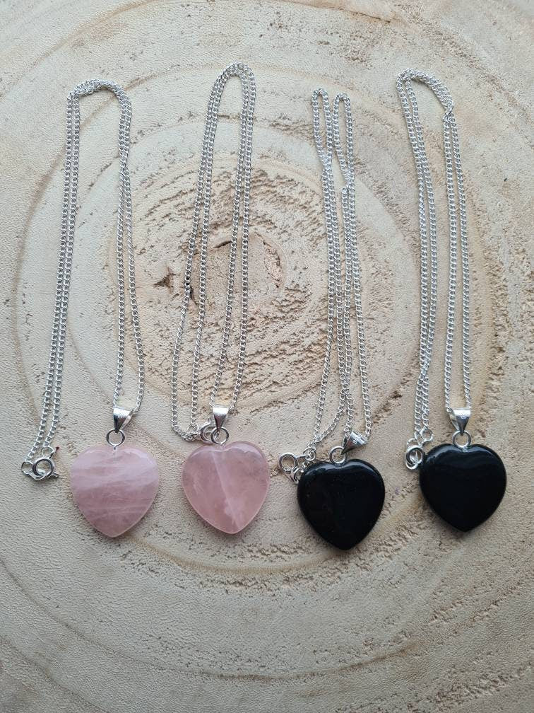 Rose quartz or Black Obsidian Heart Pendant