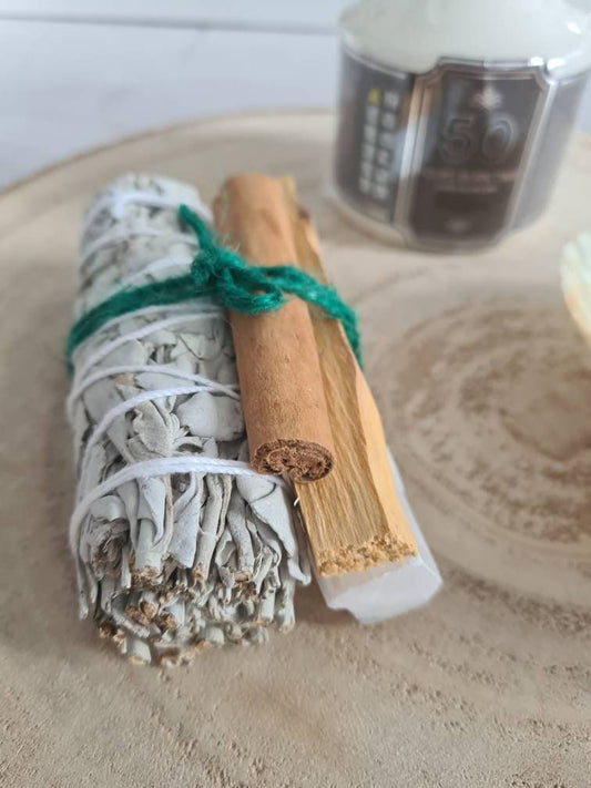 Spring House Crystal and Herb Cleansing Kit ~ Sage smudge, palo santo, selenite stick, cinnamon quill