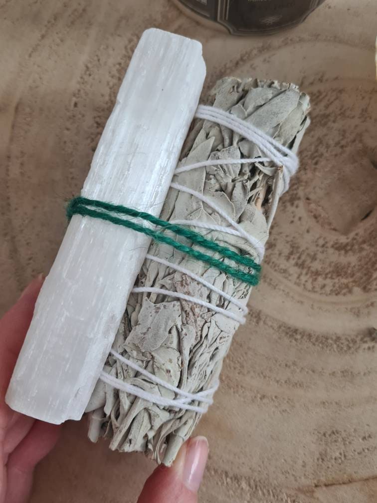 Spring House Crystal and Herb Cleansing Kit ~ Sage smudge, palo santo, selenite stick, cinnamon quill