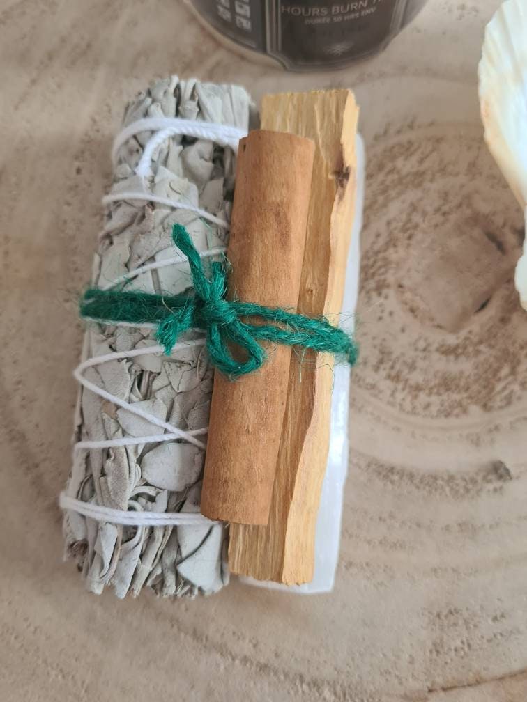 Spring House Crystal and Herb Cleansing Kit ~ Sage smudge, palo santo, selenite stick, cinnamon quill