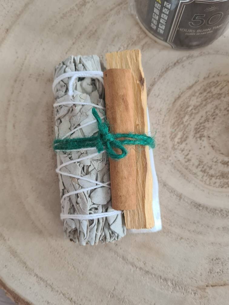 Spring House Crystal and Herb Cleansing Kit ~ Sage smudge, palo santo, selenite stick, cinnamon quill